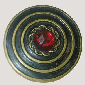 Button Red Gemstone Center Intricate Design Black Enamel Vintage Antique Patina